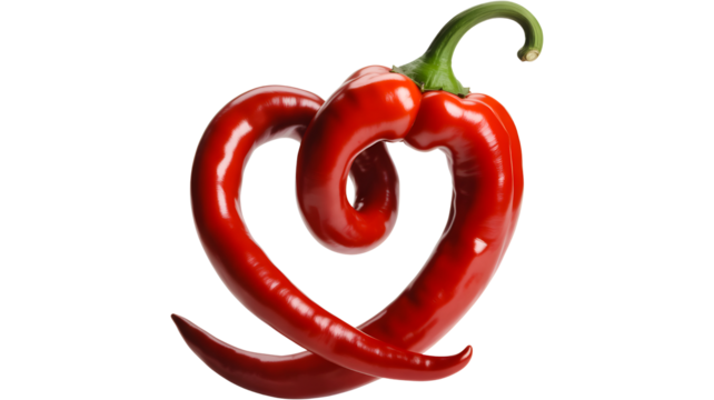 Red chili pepper shaped like a heart isolated on transparent background