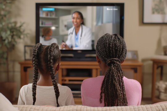 Two Sisters Watching a Telehealth Broadcast on TV at Home