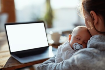 Mother Working from Home with Her Sleeping Baby and a Laptop Mockup