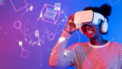 A joyful female user explores virtual reality, showcasing the excitement of immersive technology against a vibrant background filled with digital elements. Raster