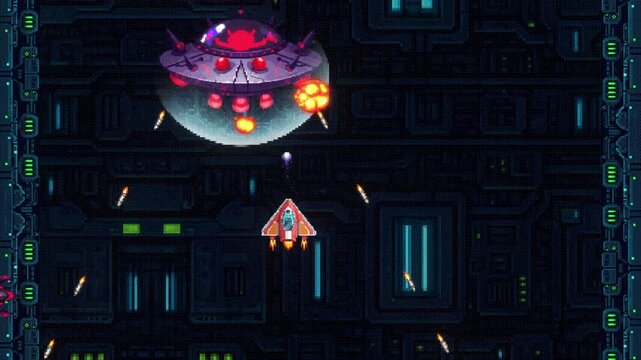 Retro pixel art &ldquo;Game Over&rdquo; scene from a space shooter game, featuring a fight with alien enemies and a losing to a boss ship. Fake gaming scene of space battle and game over sign.