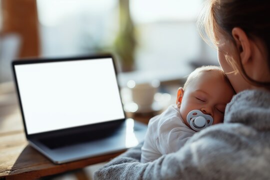 Mother Working from Home with Her Sleeping Baby and a Laptop Mockup