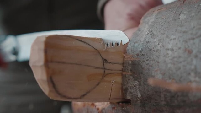 Close-up of wood carving with chisel and mallet, focused on craftsmanship