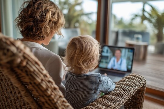 Mother and Toddler in a Telehealth Consultation from a Patio Chair - Powered by Adobe