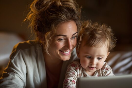 Happy Mother and Baby Enjoying a Telehealth Call at Night