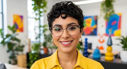 Close Up Portrait of a Young Latina with Short Dark Hair and Glasses Posing for Camera in Creative Office. Beautiful Diverse Multiethnic Hispanic Female Wearing Yellow Jumper is Happy and Smiling.