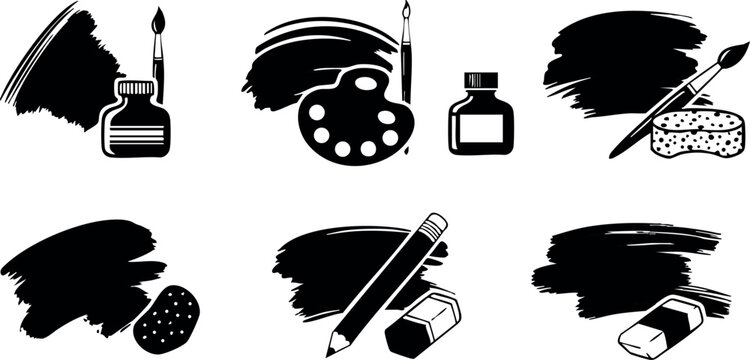 Black Ink Art Supplies Icons Set with Brush Palette Sponge for Creative Painting and Drawing Vector Illustration