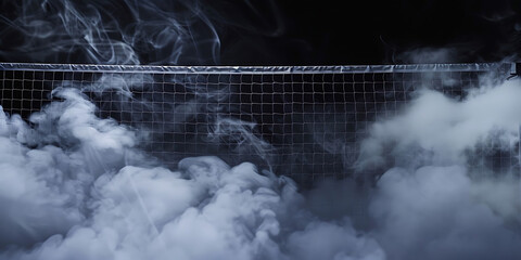 Mysterious wisps of white smoke swirl and dissipate against a dark background with a metallic grid structure.