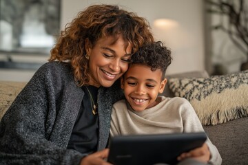 Happy Mother and Son Using Telehealth Services on a Digital Tablet