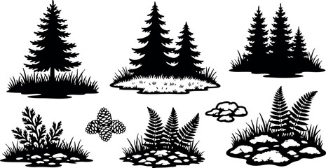 Obraz premium Pine tree silhouettes with ferns and rocks natural forest plants vector collection for design and decoration