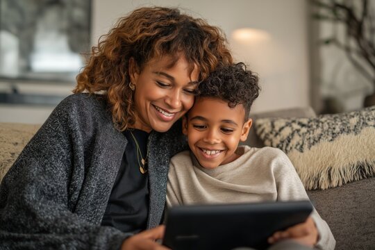 Happy Mother and Son Using Telehealth Services on a Digital Tablet