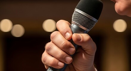 Close up of male hand holding microphone at conference hall