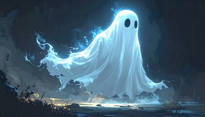 A surreal illustration shows a glowing white ghost floating above a dark and misty landscape with rocky formations