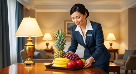 Smiling Asian hotel staff delivering fresh fruit to a luxurious room, offering premium service and hospitality in a five-star hotel.