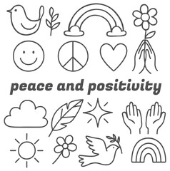 Peace and Positivity Doodle Set with Hand Drawn Symbols.