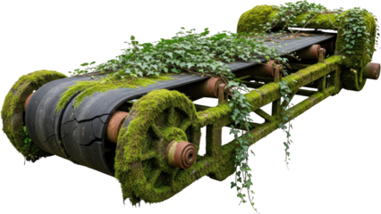 Overgrown industrial conveyor belt with thick moss and ivy covering rusted metal parts and a cracked black rubber belt old abandoned decay vintage machinery