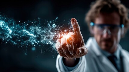 A scientist wearing a lab coat and safety glasses points at a glowing, abstract digital network projection emanating from their fingertip.