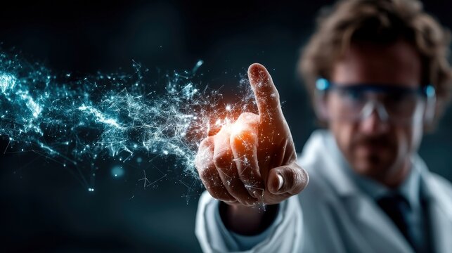 A scientist wearing a lab coat and safety glasses points at a glowing, abstract digital network projection emanating from their fingertip.