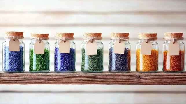 Seven glass jars containing colorful dried herbs and spices are displayed on a rustic wooden shelf against a light wooden background.