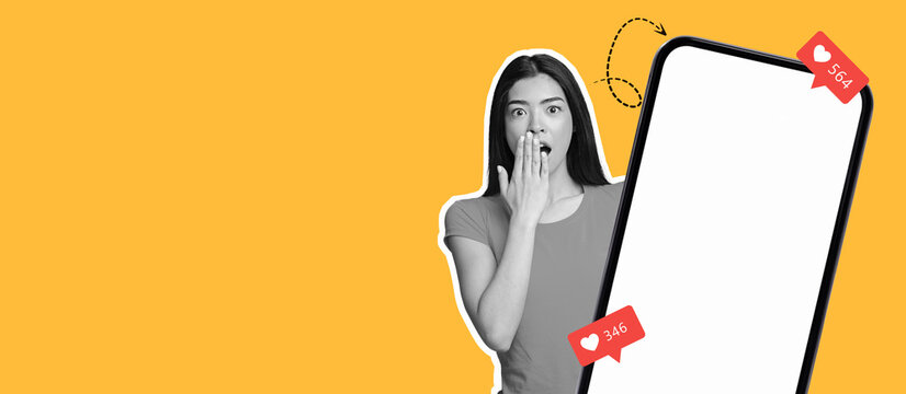 A woman shows surprise while looking at her smartphone, with social media notifications popping up on the screen. The background is bright and engaging, creating a lively atmosphere.