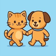 Cute cat and dog holding hands, flat vector logo illustration for friendship and companionship