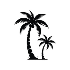 Obraz premium Two black silhouette palm trees with coconuts on a white background