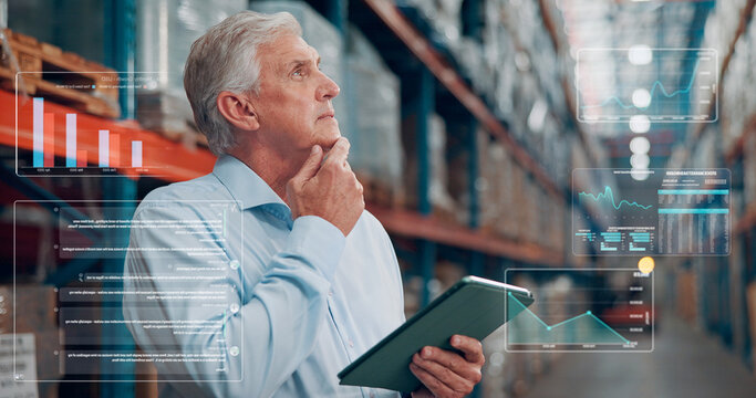 Thinking, overlay and supply chain manager in warehouse with tablet for online order information. Digital technology, hologram and mature male logistics employee with ideas for delivery at factory.