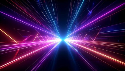 Abstract converging lines of glowing vibrant pink, blue, and orange light against a dark background create depth