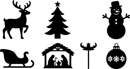 Fototapeta premium Christmas holiday icons including reindeer, tree, snowman, sleigh, nativity, candle, and ornament design vector set