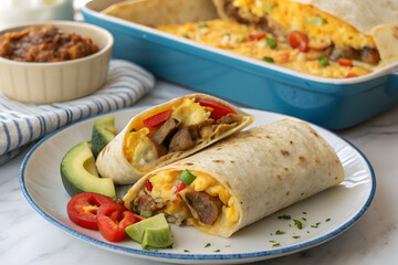 A close-up of a breakfast burrito filled with eggs, sausage, cheese, and peppers on a white-blue plate, served with avocado slices beside a cheesy casserole on a marble surface.