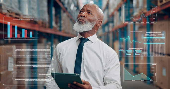 Planning, overlay and black man in warehouse with tablet for online order information with logistics. Digital technology, statistics and mature supply chain employee with idea for delivery at factory