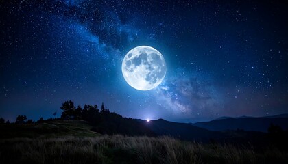A vibrant, bright full moon over a grassy hill, beneath a clear, starry night sky, with a faint Milky Way