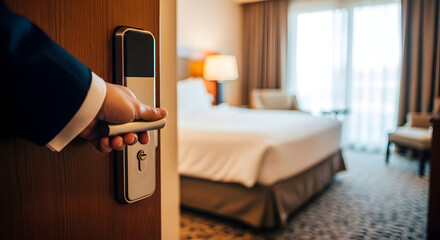 Professional Hand Opening Modern Hotel Room Door for Guest Arrival and Premium Accommodation