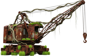 Abandoned rusted crane overgrown with vines and moss with grass around its base on a transparent background vintage industrial construction machinery old