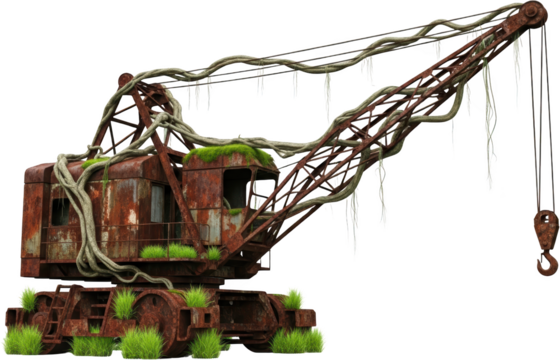 Abandoned rusted crane overgrown with vines and moss with grass around its base on a transparent background vintage industrial construction machinery old
