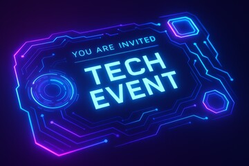 Futuristic tech event invitation with glowing neon circuit board design in blue and purple on dark background.