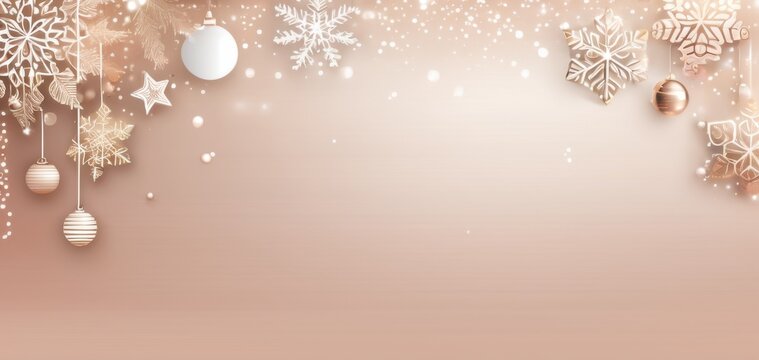 christmas ornaments snowflakes festive rose gold background, banner, concept of retail, events