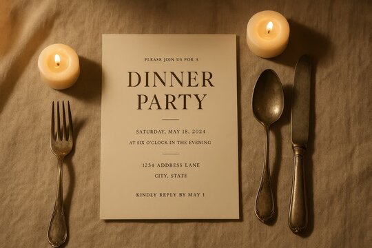 Dinner party invitation card with candles and vintage cutlery on beige tablecloth, warm evening atmosphere for elegant event.