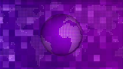 Purple globe with pixelated world map background and grid pattern earth planet