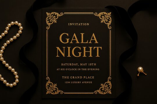 Elegant gala night invitation with gold ornate design on black background, luxury event card styled with ribbon and pearls.