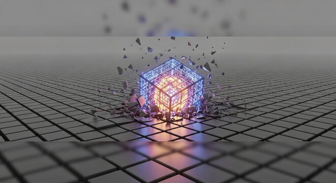 Abstract image of wireframe cube with glowing core on squared surface, surrounded by debris, representing innovation, disruption, or digital transformation