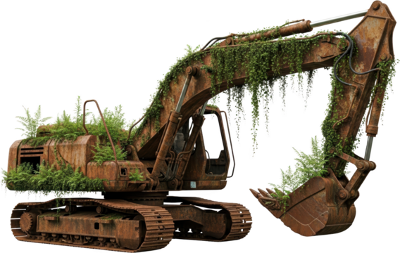 An abandoned rusted excavator heavily overgrown with green vines and ferns showing signs of decay and neglect in an isolated setting heavy machinery construction equipment
