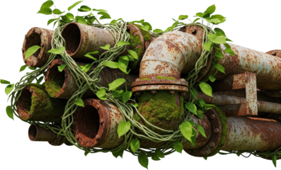 Rusted industrial pipes intertwined with green vines and moss showing nature's reclamation of man made structures 150 characters overgrowth decay abandoned