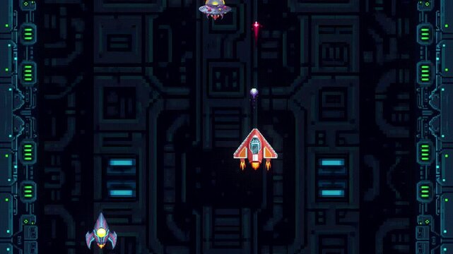 Retro pixel art space shooter game scene with a triangular spaceship firing at alien UFOs in a vertical scrolling sci-fi environment with neon accents and explosion effects.