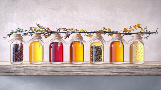 Seven glass bottles containing different colored liquids and dried ingredients are displayed on a wooden shelf, connected by a decorative branch.