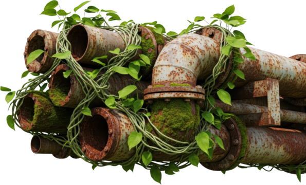 Rusted industrial pipes intertwined with green vines and moss showing nature's reclamation of man made structures 150 characters overgrowth decay abandoned