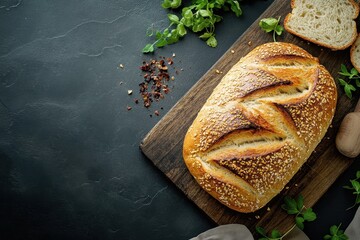 Autolyse Gluten-free bread Improver dashpass UTM parameters Air fryer garlic Wildgrain Heura foods NotCo Rebel Artisanal loaf with a crisp crust, freshly baked and placed on the right side of dark st