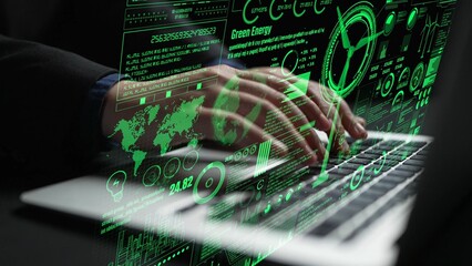 A person types on a laptop surrounded by green energy data visualizations, showcasing statistics and graphs related to sustainable technology and environmental impact. Cipher