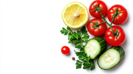 Fresh Vegetables and Fruits Assortment Including Tomatoes Cucumber Cucumber Lemon Cherry Tomato Parsley and Pepper on White Background