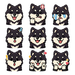 A set of cute anime dogs illustrations doing different activities with different expressions.Stickers or badges. Finnish Lapphund